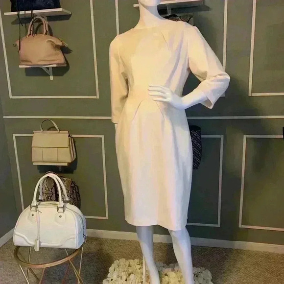 Mary Crafts Cream 3/4 SL Square Slit Neck Zip Cocktail Formal Office Dress Sz 6 - Picture 9 of 9